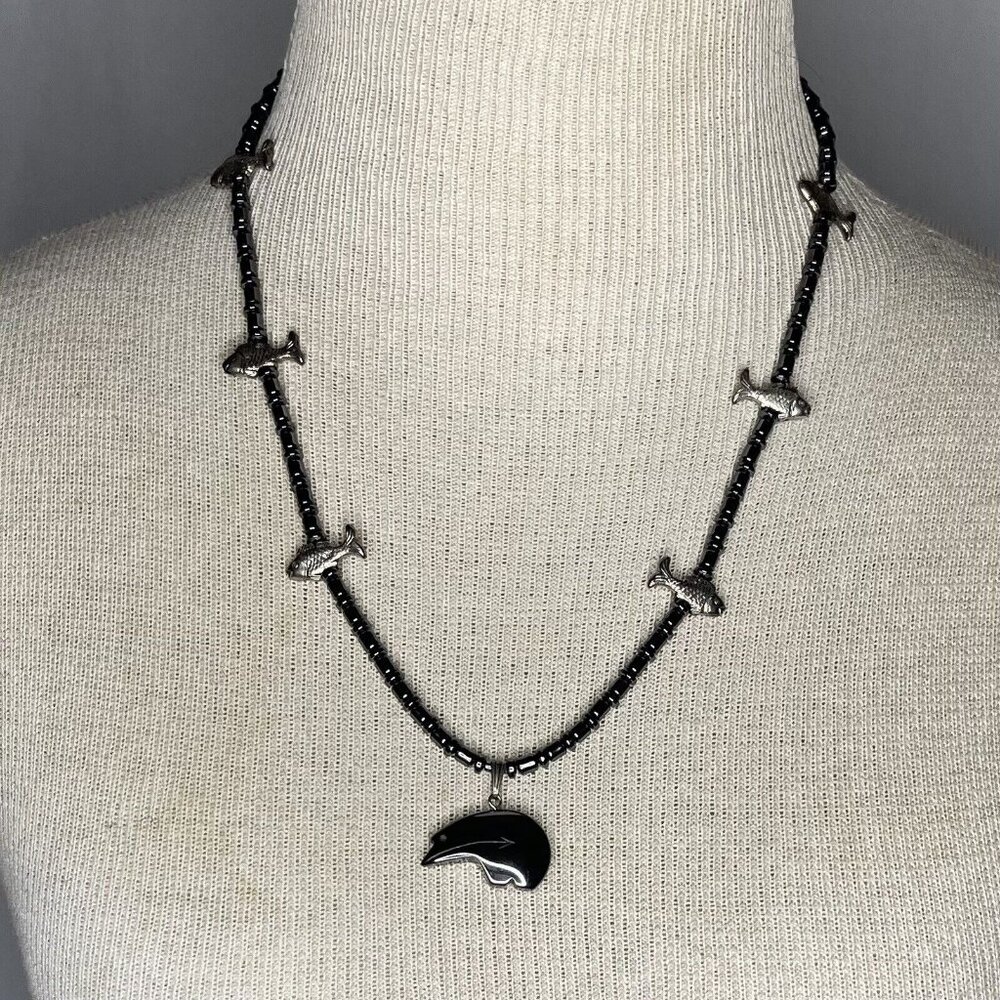 Southwest Hematite Native Fetish Bear w Fishes Set Necklace, Drop Earrings 21" L - Picture 1 of 7